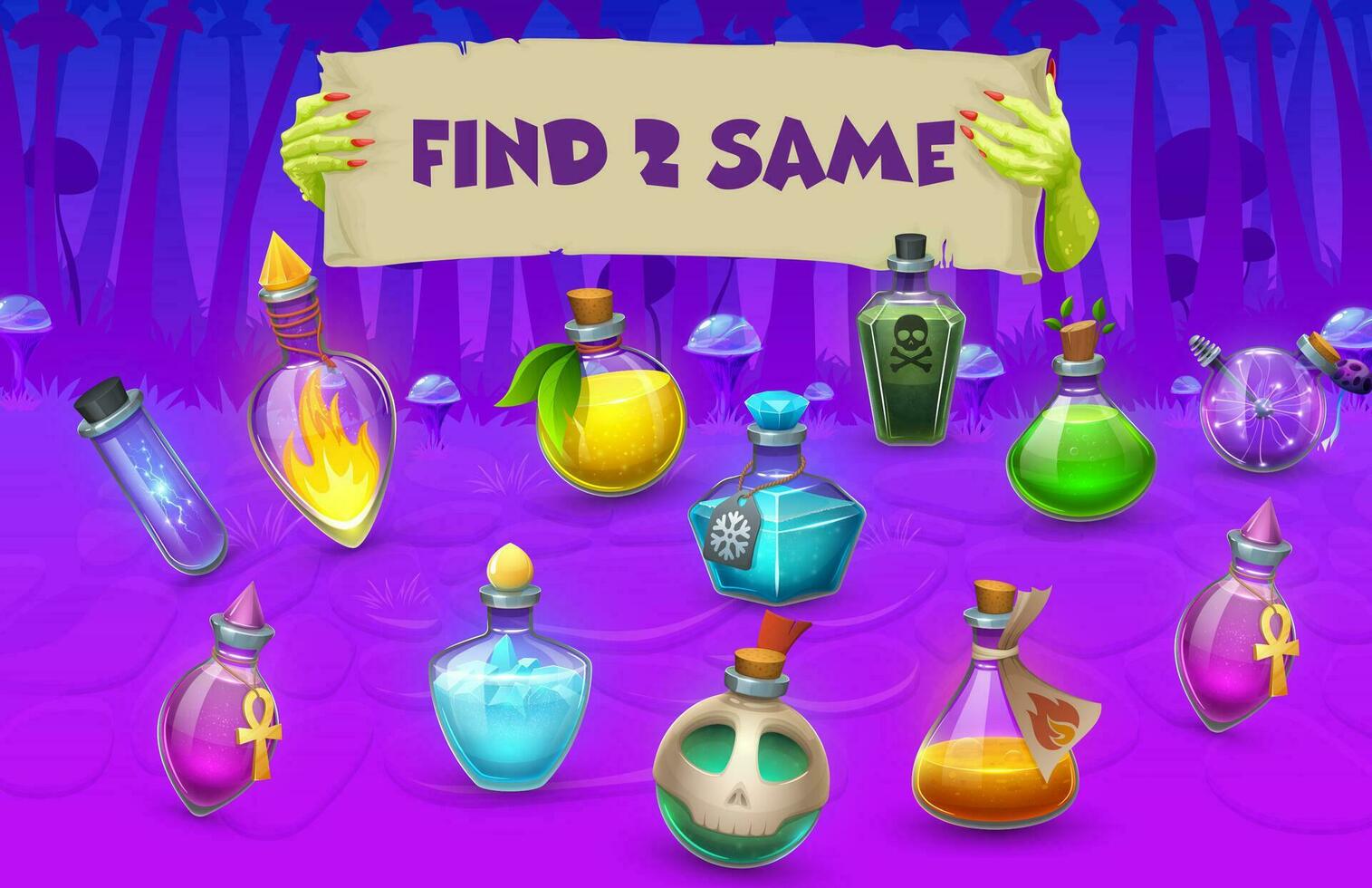 Find two same Halloween potion bottles, kids game vector