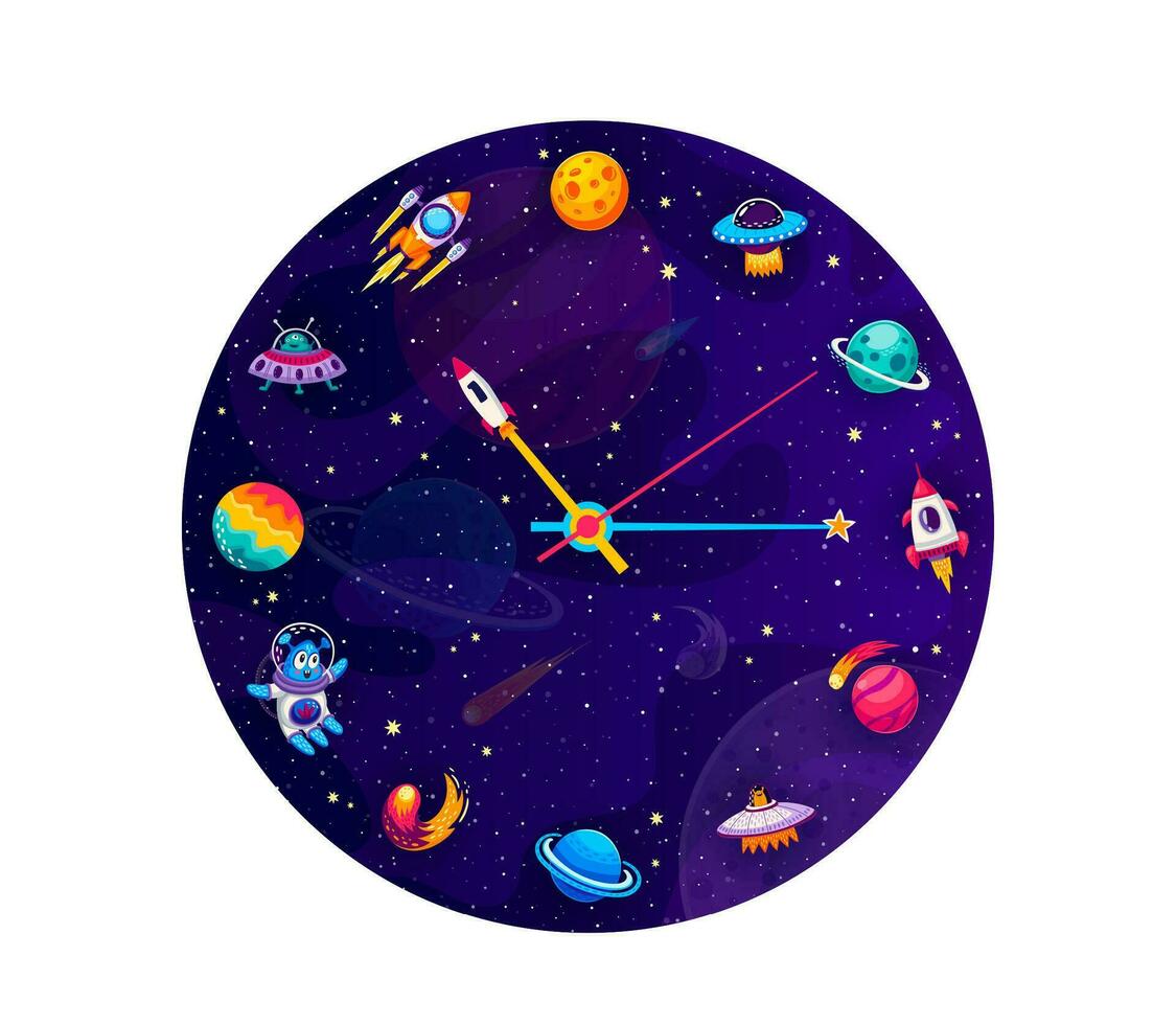 galaxia espacio reloj con planetas, estrellas, naves espaciales vector