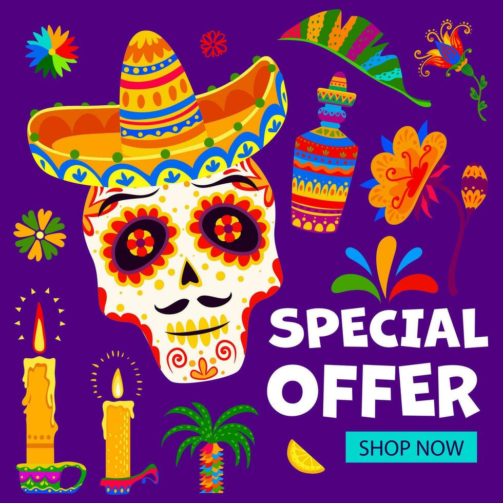Day of Dead mexican holiday special offer banner vector