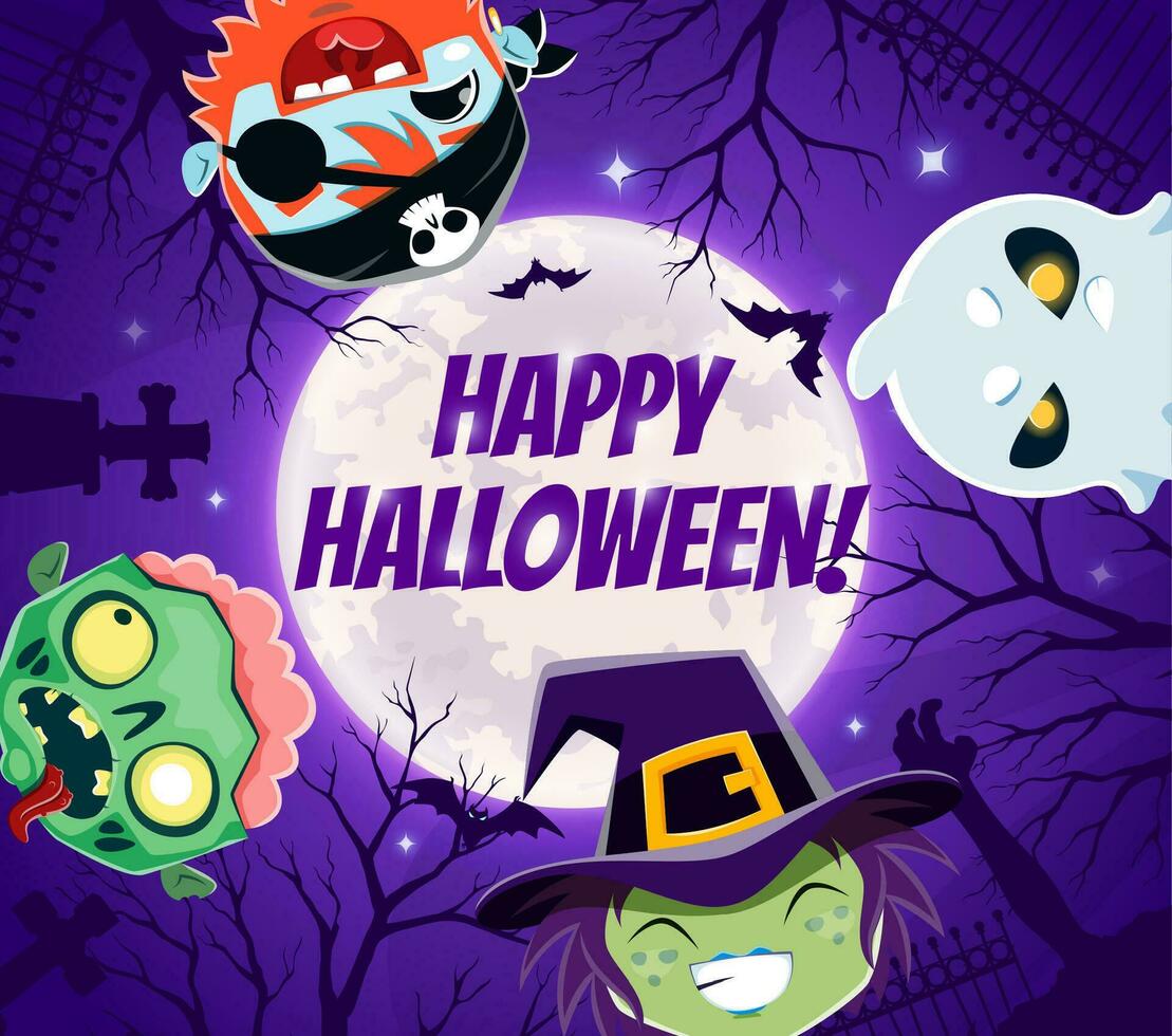 Halloween holiday characters on midnight cemetery vector