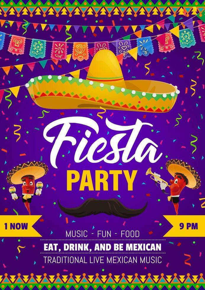 Mexican fiesta party flyer, sombrero, mustaches vector