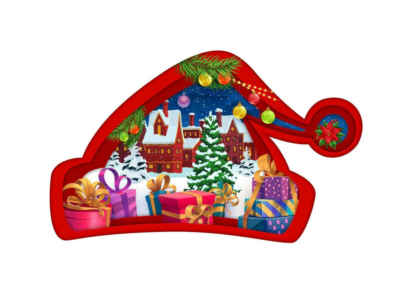 Navidad papel cortar Papa Noel sombrero con pueblo paisaje vector