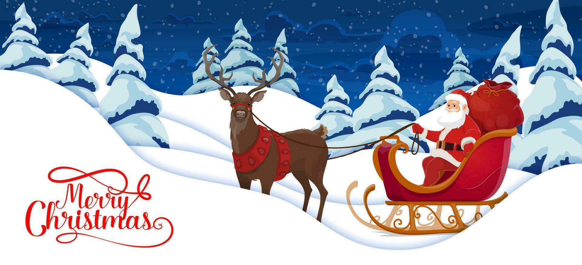 Christmas paper cut snow, Santa with reindeer vector