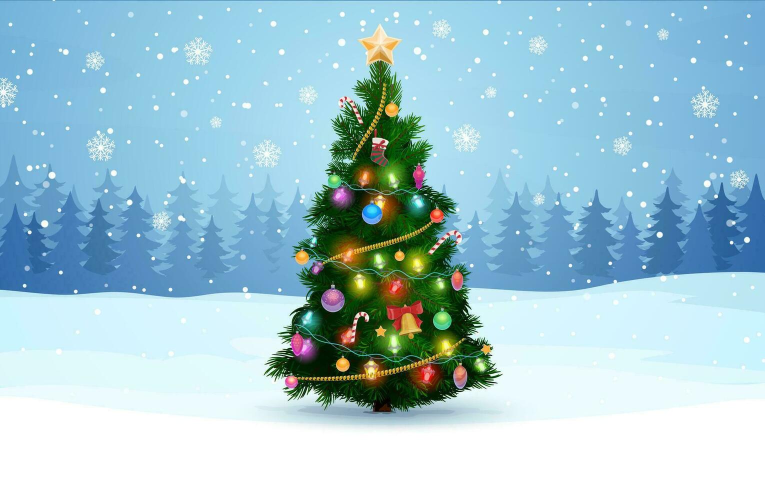 Christmas tree and forest silhouette landscape vector
