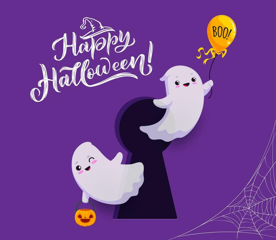 Halloween cute flying kawaii ghosts in keyhole vector