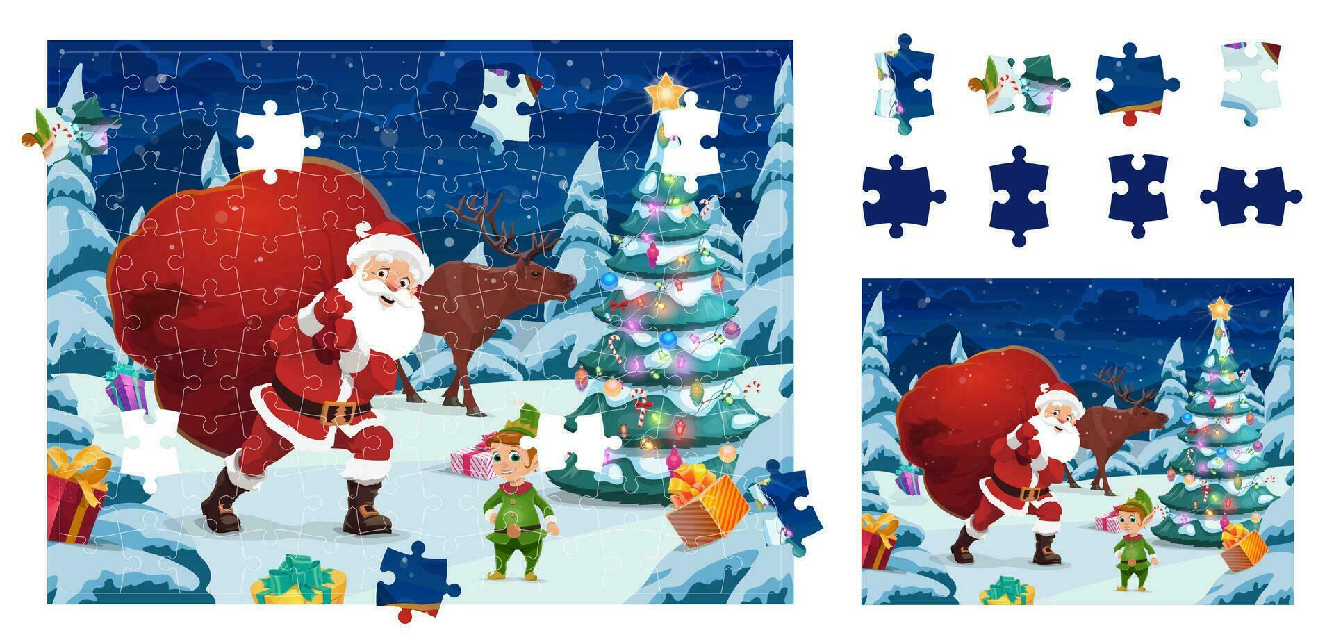 Christmas game jigsaw puzzle pieces, cartoon Santa vector