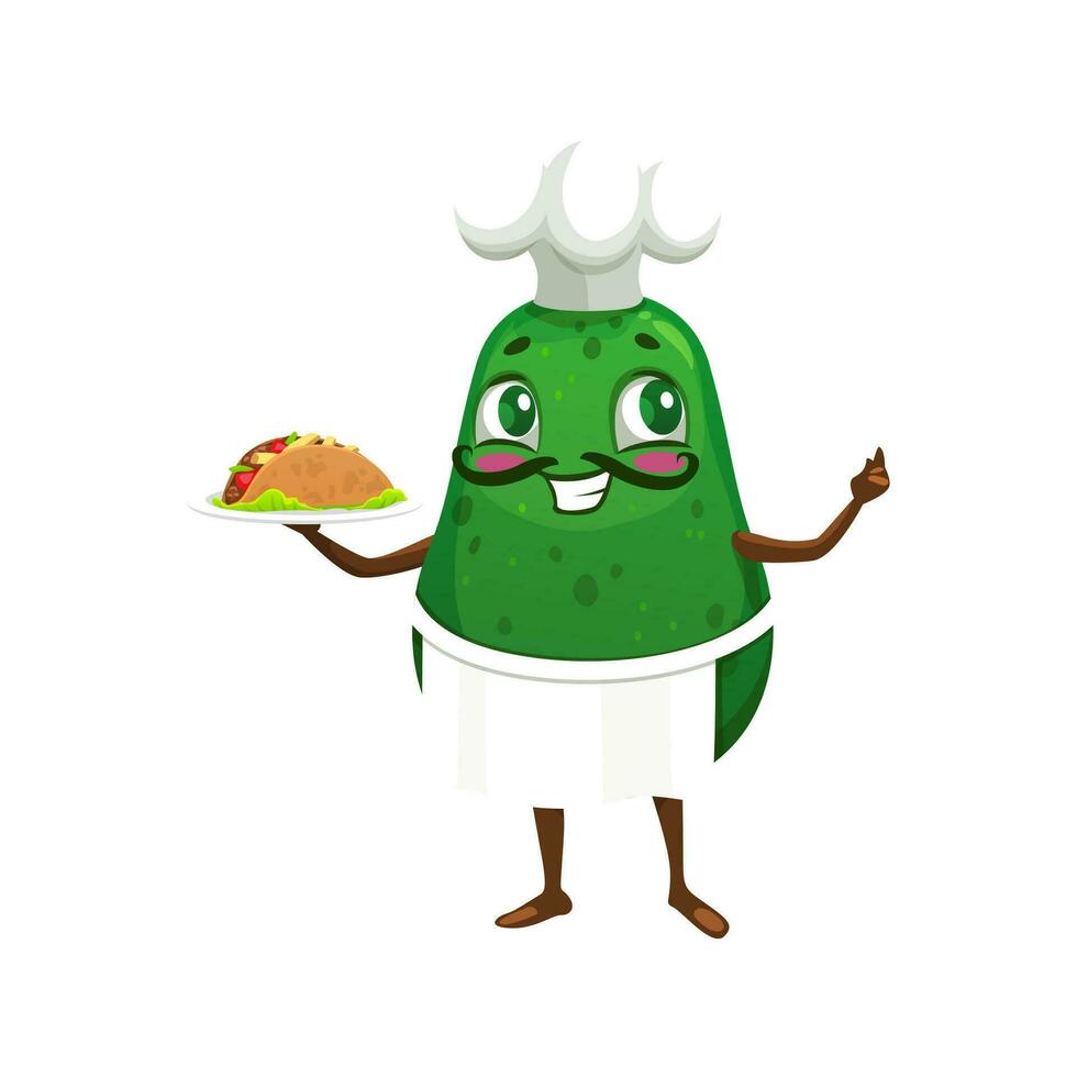Cartoon Mexican avocado chef character with taco vector