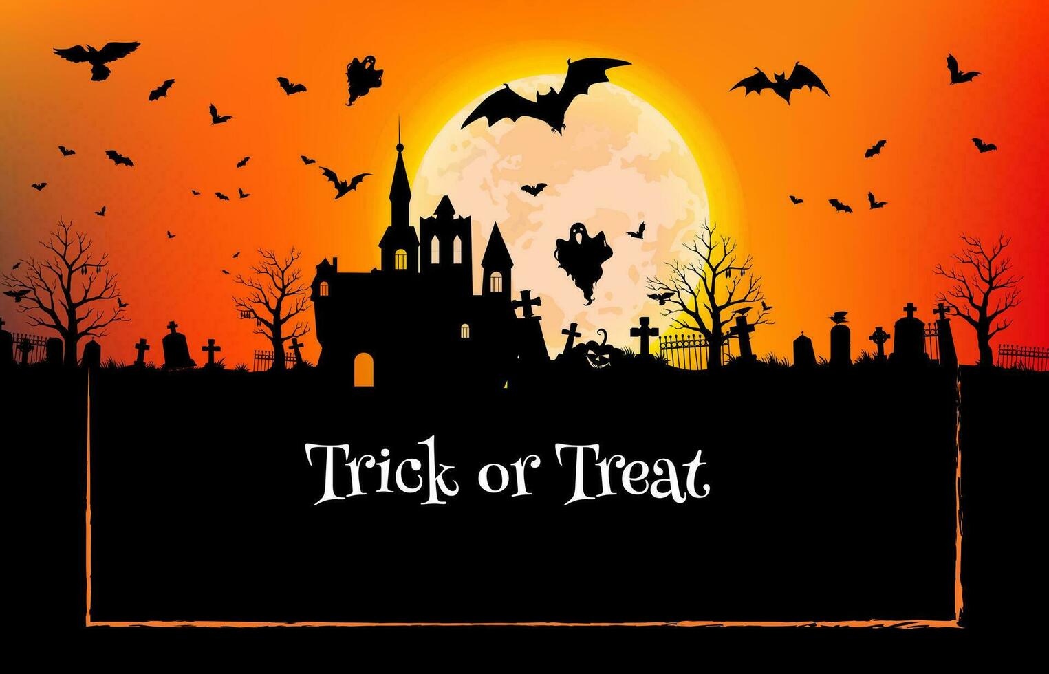 Halloween castle silhouette, ghost, bats, cemetery vector