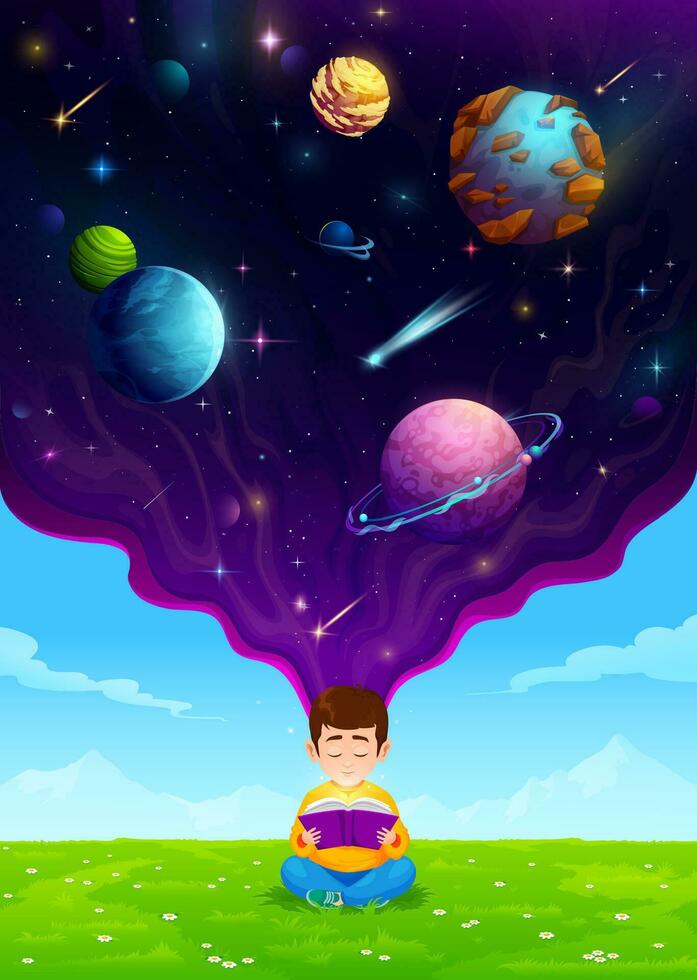 dibujos animados niño chico en prado leyendo libro de espacio vector
