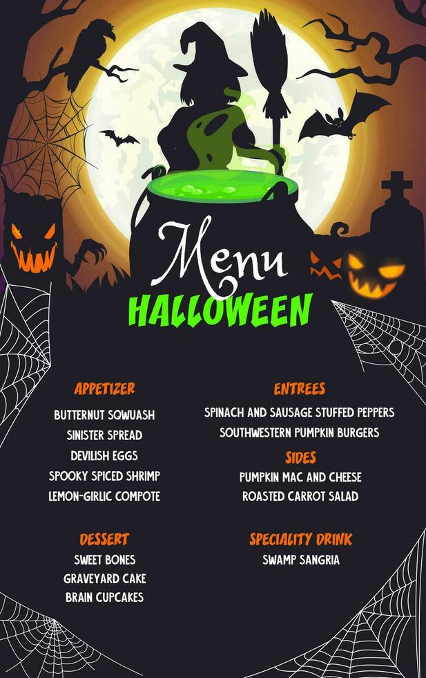 Halloween menu page with witch cauldron, pumpkins vector