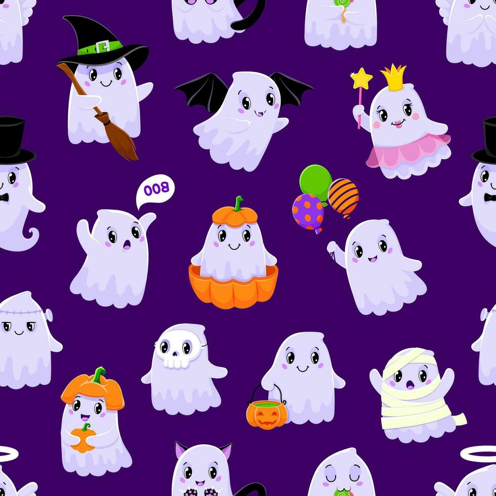 Cartoon Halloween kawaii ghost characters pattern vector