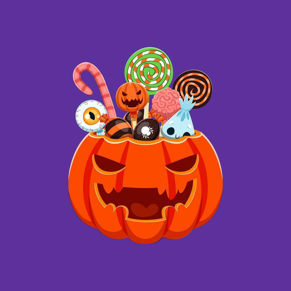 Halloween sweets in pumpkin, delightful treats vector