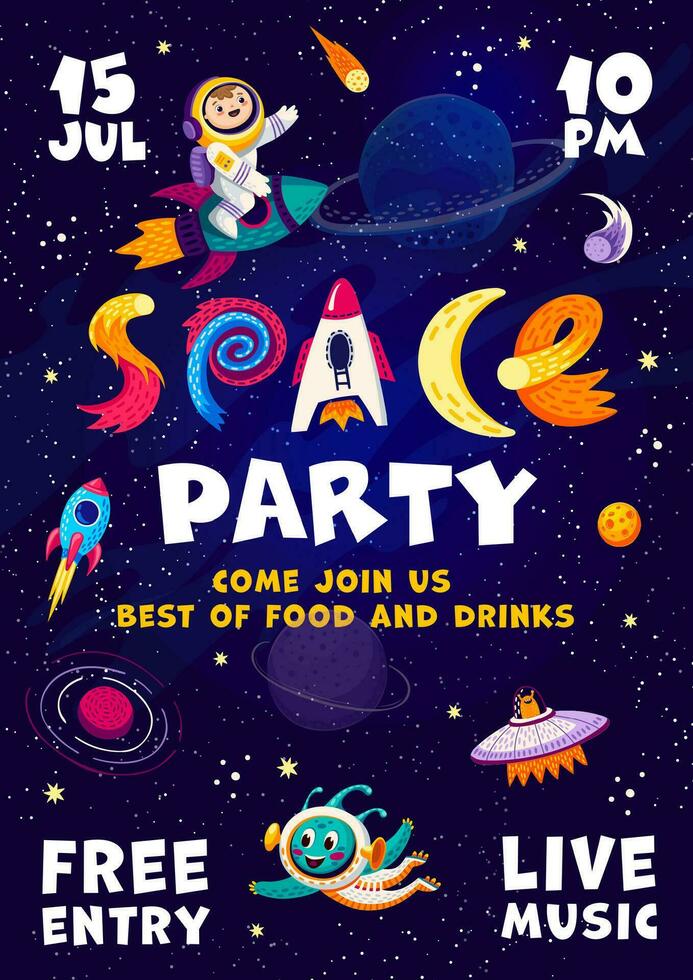 Kids space party flyer. Funny spaceman and alien vector