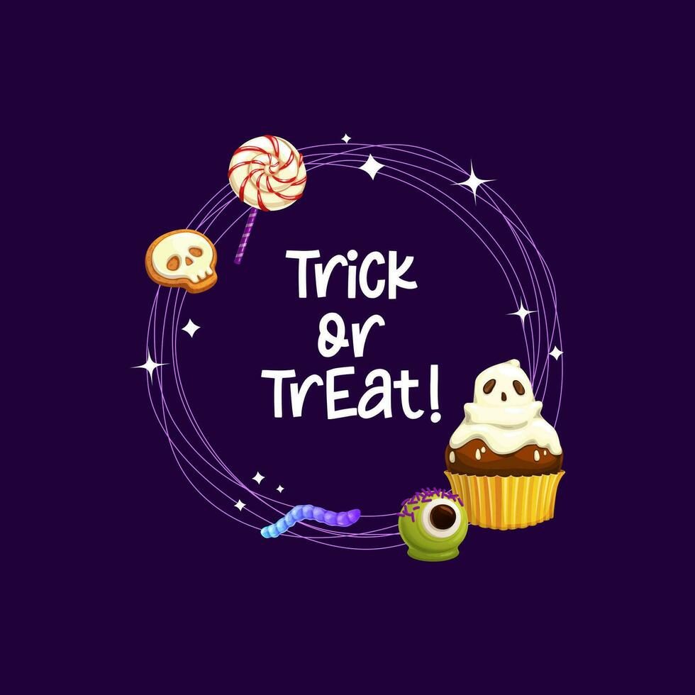 Halloween frame with holiday sweets, round border vector