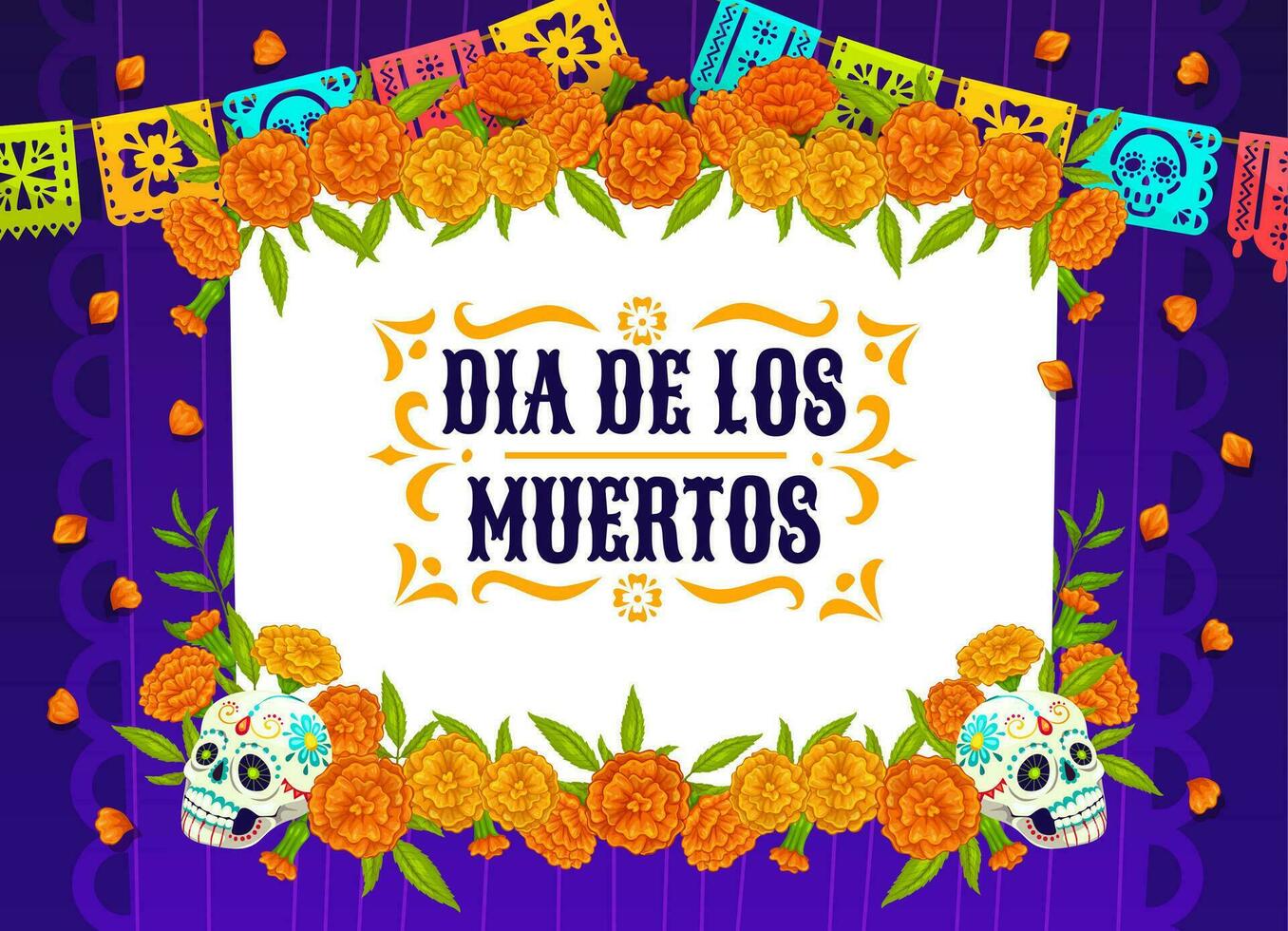 Marigold flowers and papel picado Mexican flags vector