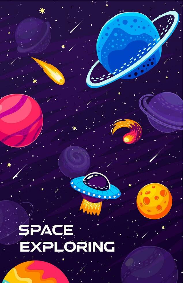 Space landscape poster. Flying ufo saucer, galaxy vector