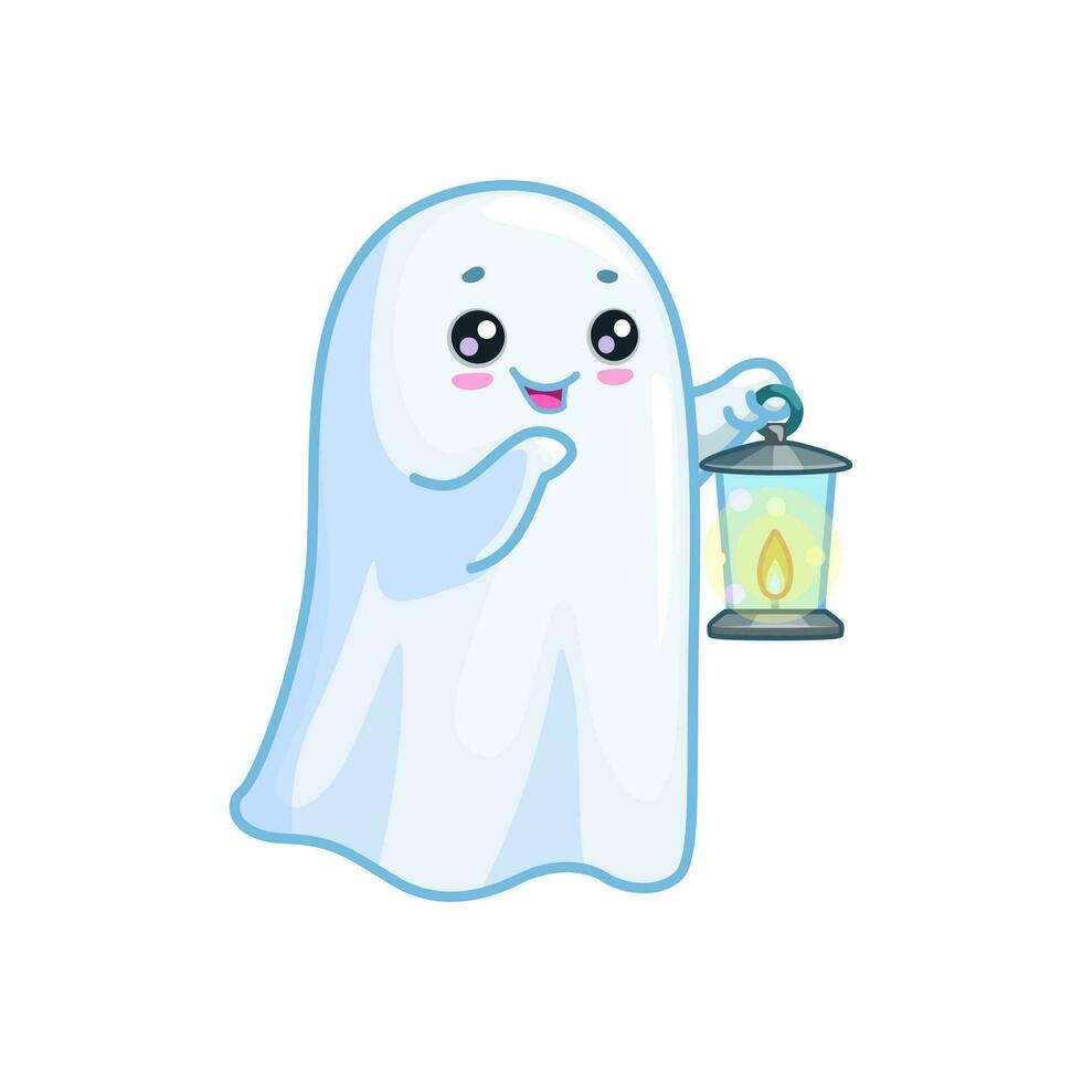 Víspera de Todos los Santos kawaii fantasma personaje con iluminado linterna vector