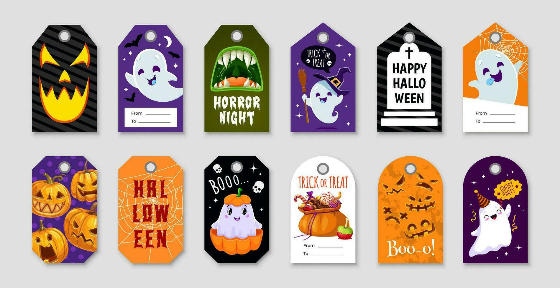 Halloween gift tags, trick or treat pumpkin, ghost vector