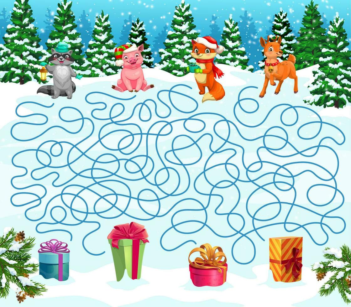 Christmas labyrinth maze help animals find gifts vector