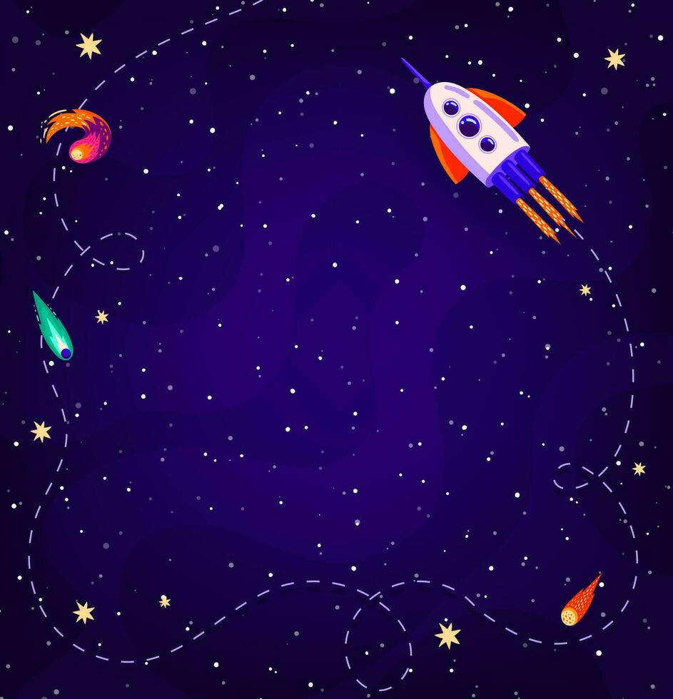 Cartoon kids space background, planets and rocket vector