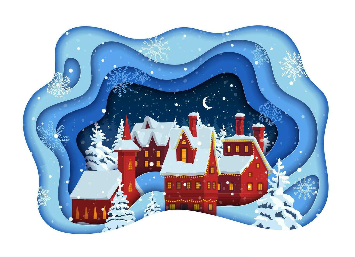 Navidad papel cortar invierno Nevado pueblo paisaje urbano vector