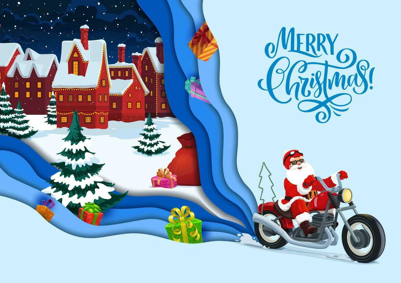 Navidad papel cortar Papa Noel en bicicleta y invierno pueblo vector