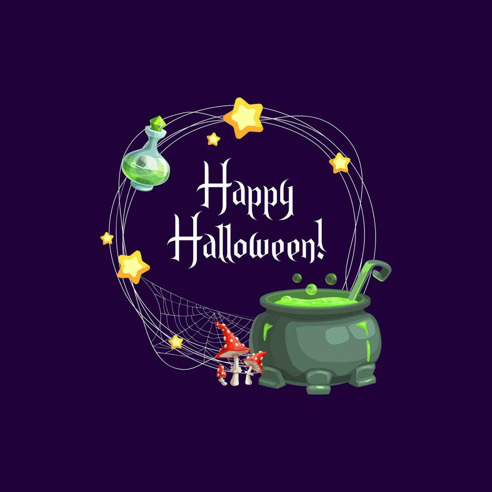 Halloween frame with cauldron, potion and amanita vector