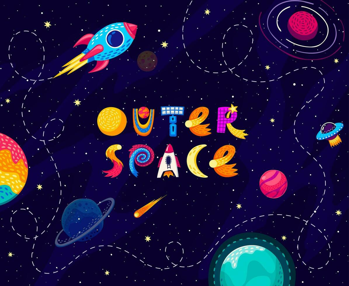 Cartoon kids space background, rocket with trace vector