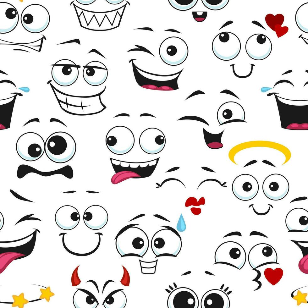 caricatura, divertido, emoji, caras, seamless, patrón vector