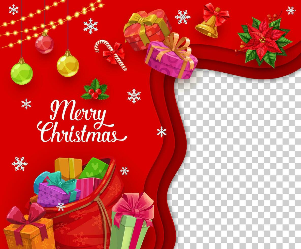 Christmas paper cut banner with holiday gifts bag vector