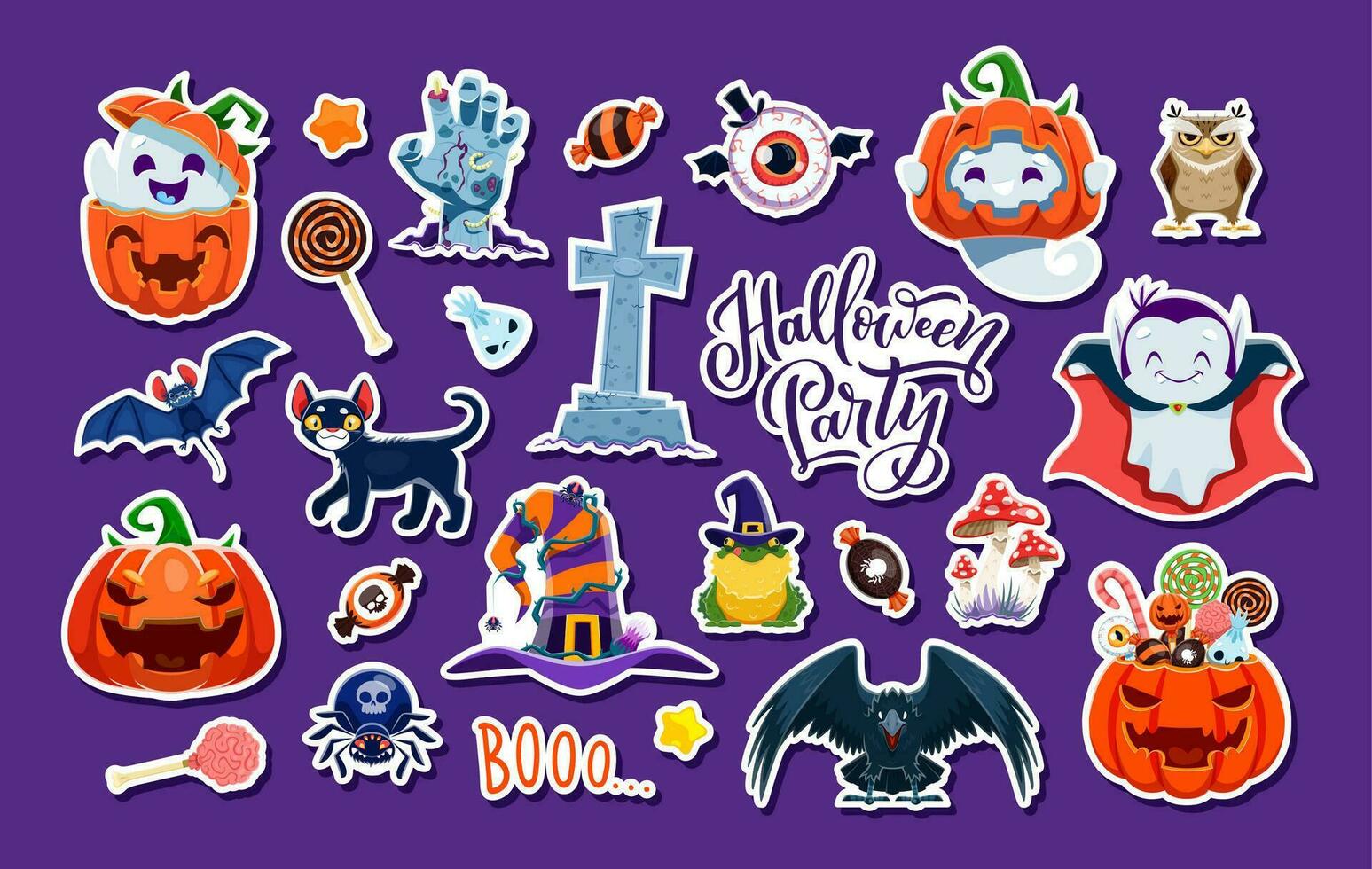 Halloween stickers vector set, cartoon personages