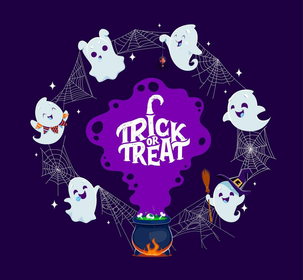 Halloween kawaii ghosts, witch cauldron and spider vector