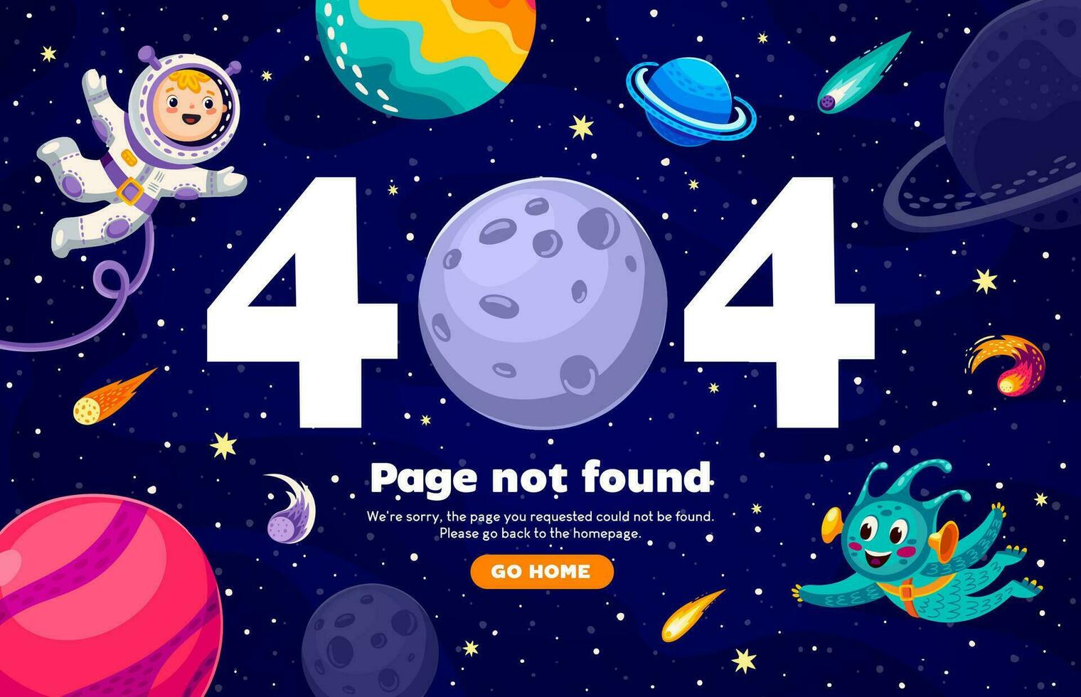 404 error page. Astronaut and alien in outer space vector