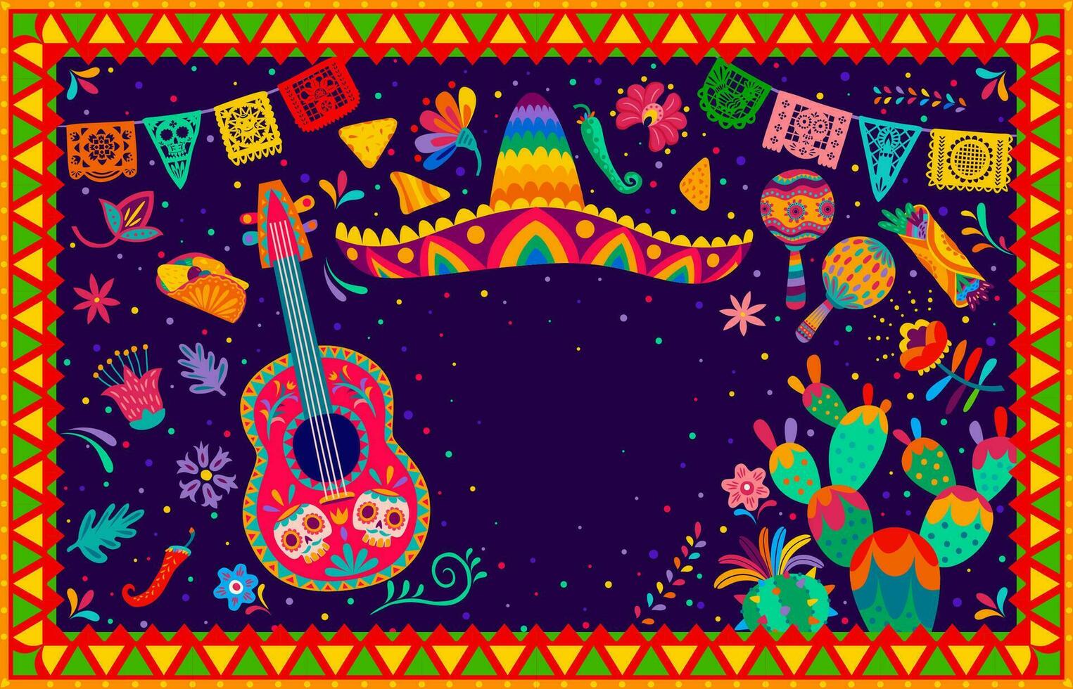 Mexican holiday banner or poster, sombrero, guitar vector