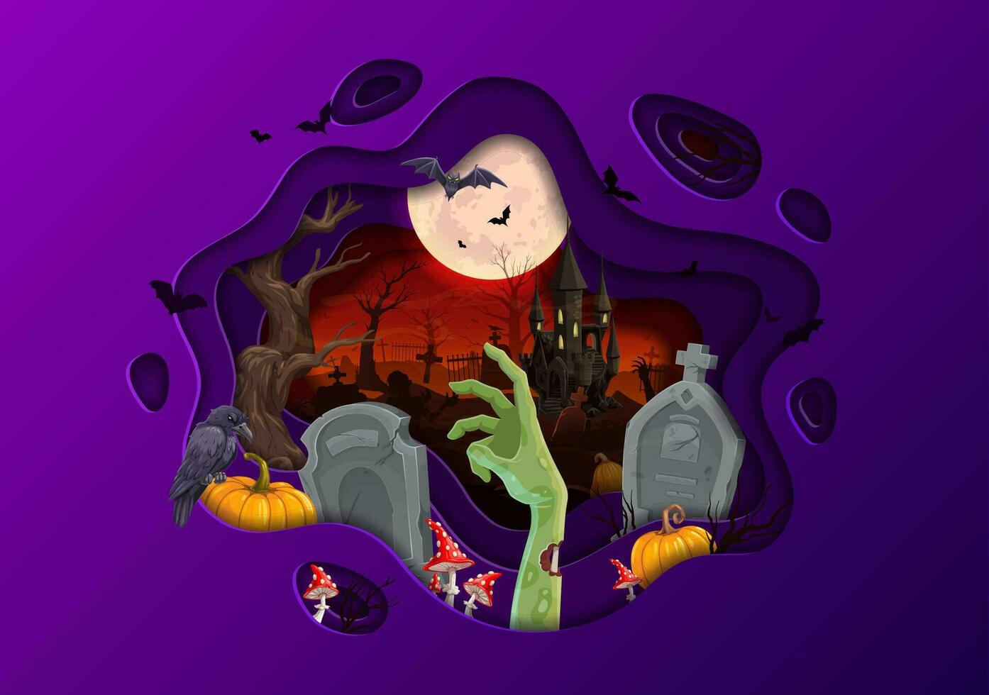 Halloween paper cut banner with cemetery landscape vector