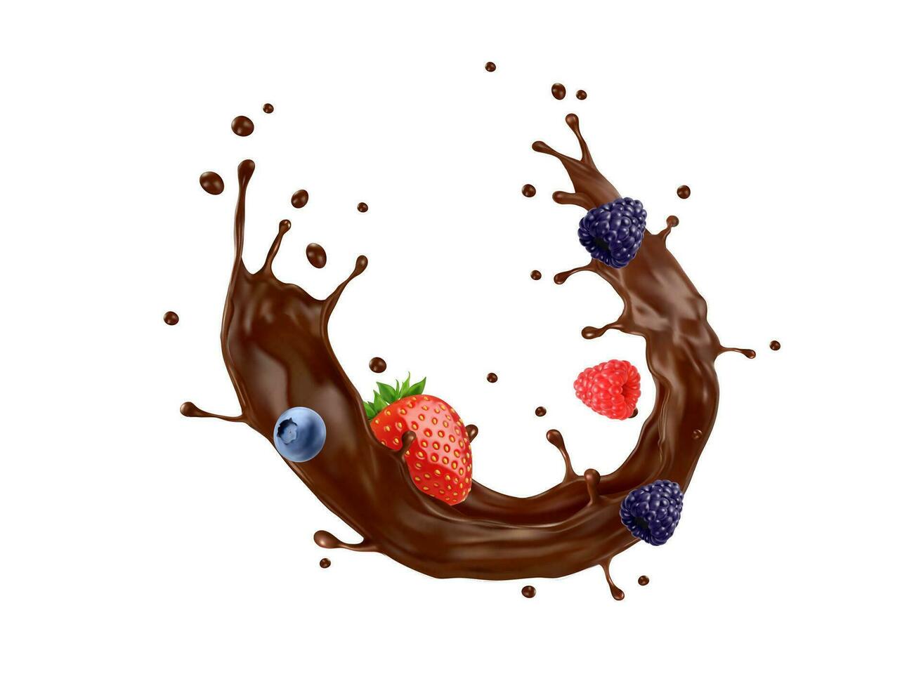 Chocolate cream milk drink flow splash and berries vector