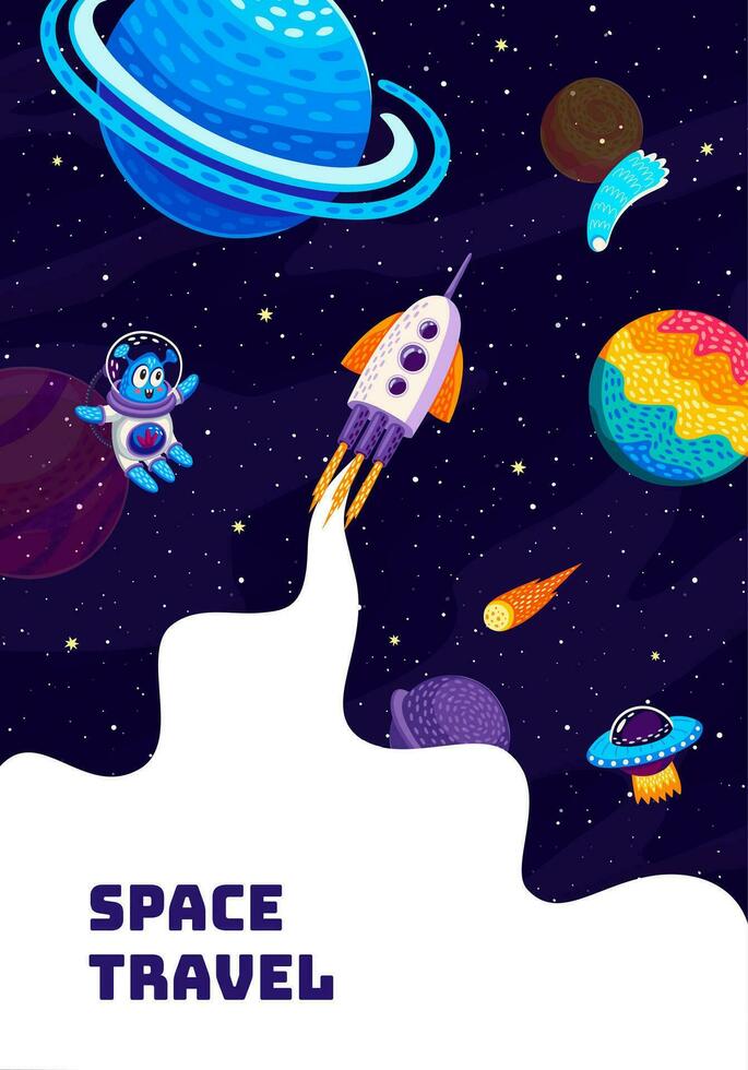 Space travel poster rocket spaceship launch, alien vector