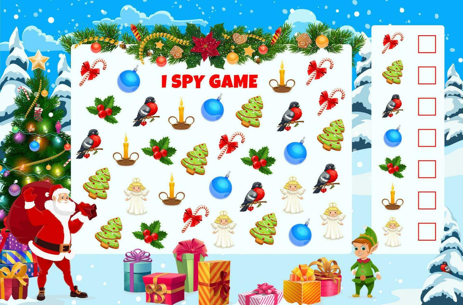 Navidad yo espía juego hoja de cálculo niños vector enigma