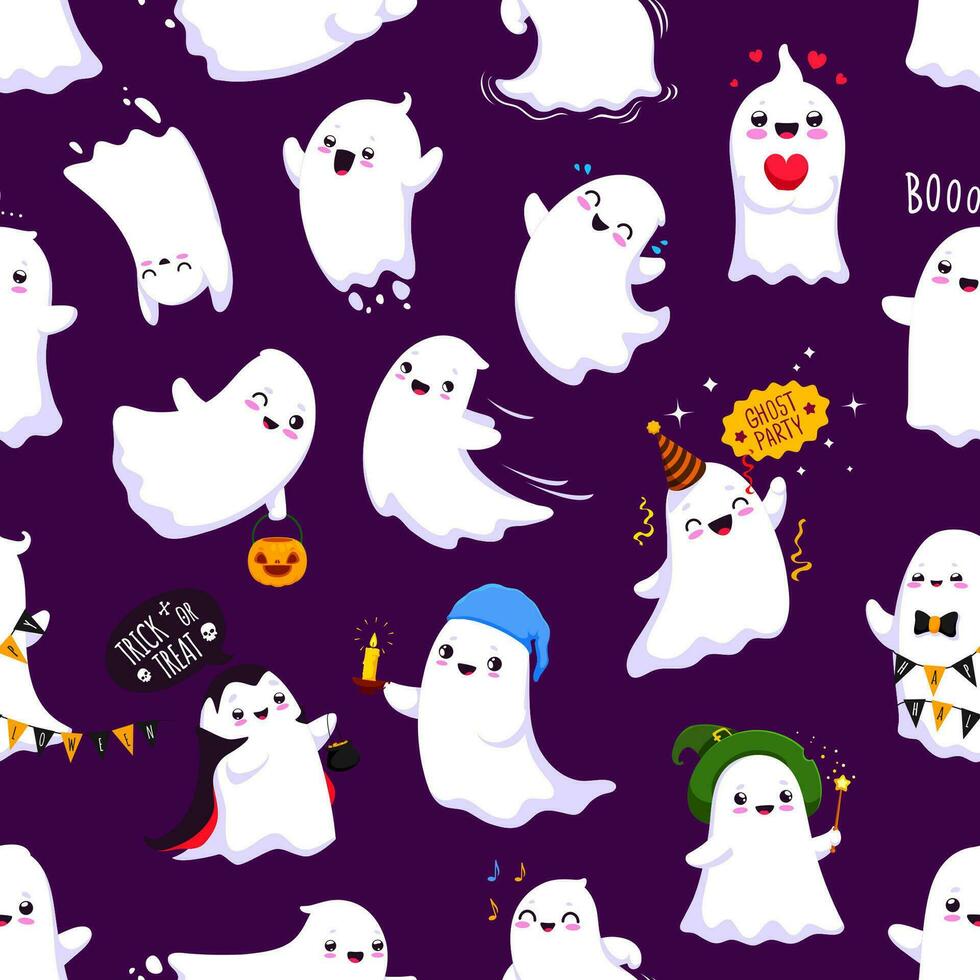 Cartoon Halloween kawaii ghost characters pattern vector
