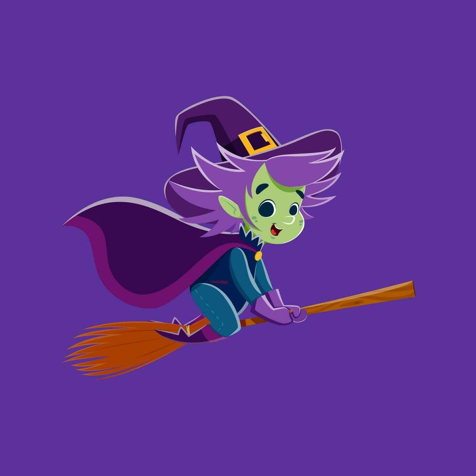 Halloween witch character soars astride broomstick vector