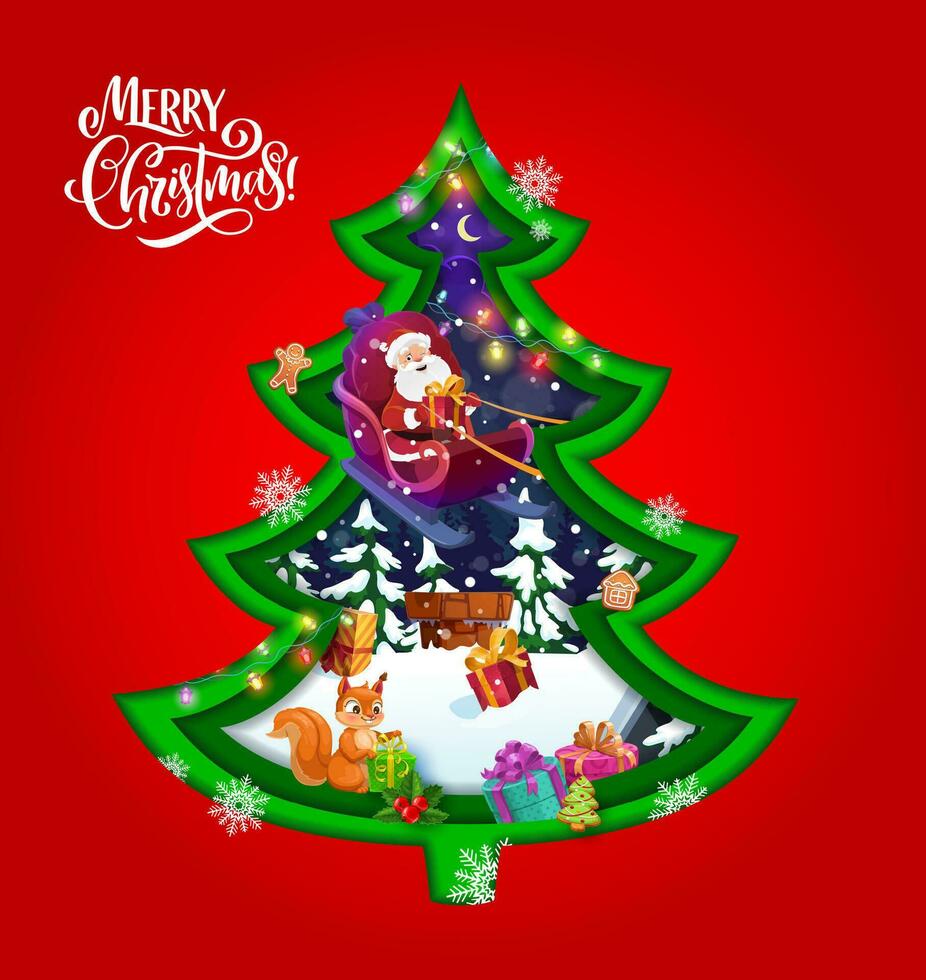 Christmas paper cut pine tree with santa on sleigh vector