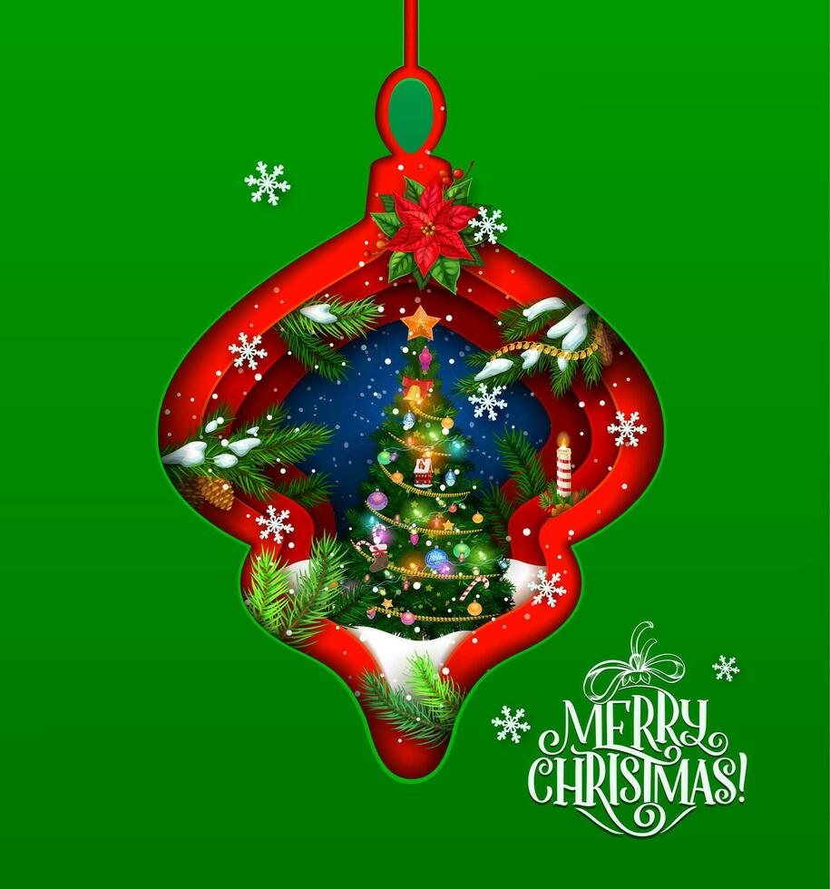 Christmas paper cut bauble with pine tree, vector