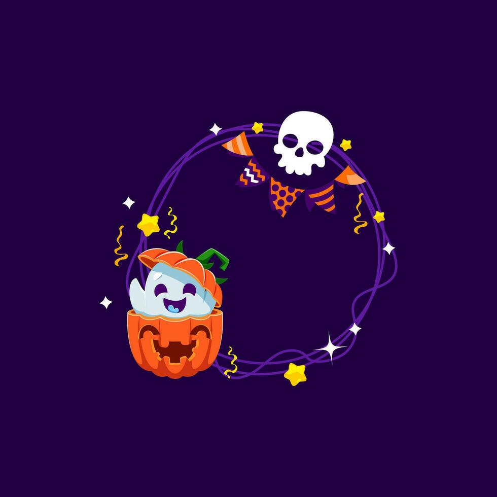 Halloween frame with ghost peek out from pumpkin vector