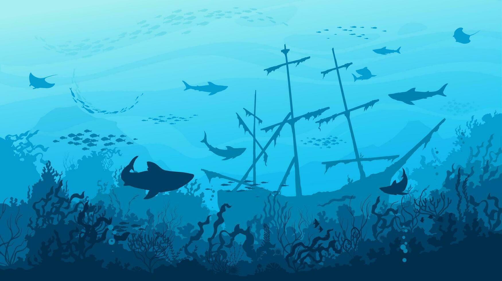 Sea sharks, sunken ship and fishes in underwater vector