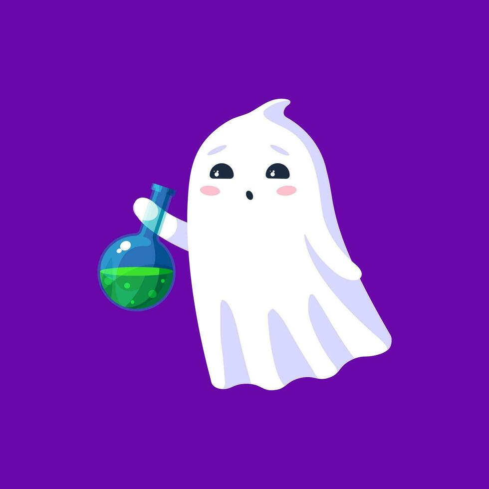 Víspera de Todos los Santos kawaii fantasma sostiene un elaborar cerveza poción matraz vector