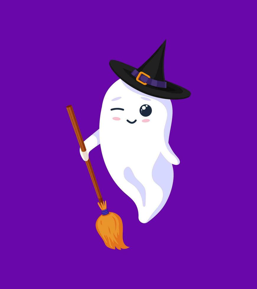 Halloween kawaii ghost donning witch hat and broom vector