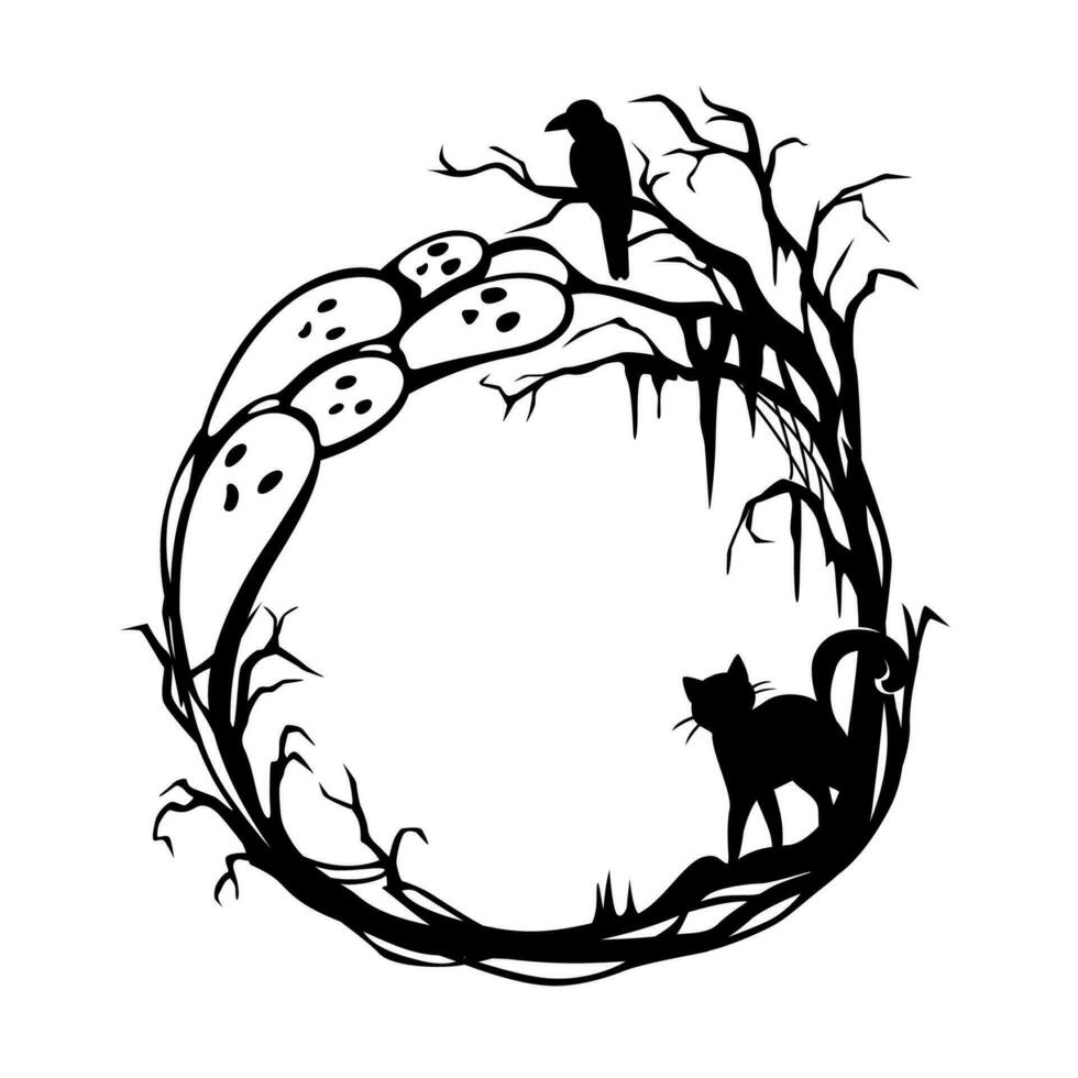 Halloween holiday black frame, ghosts, cat, raven vector