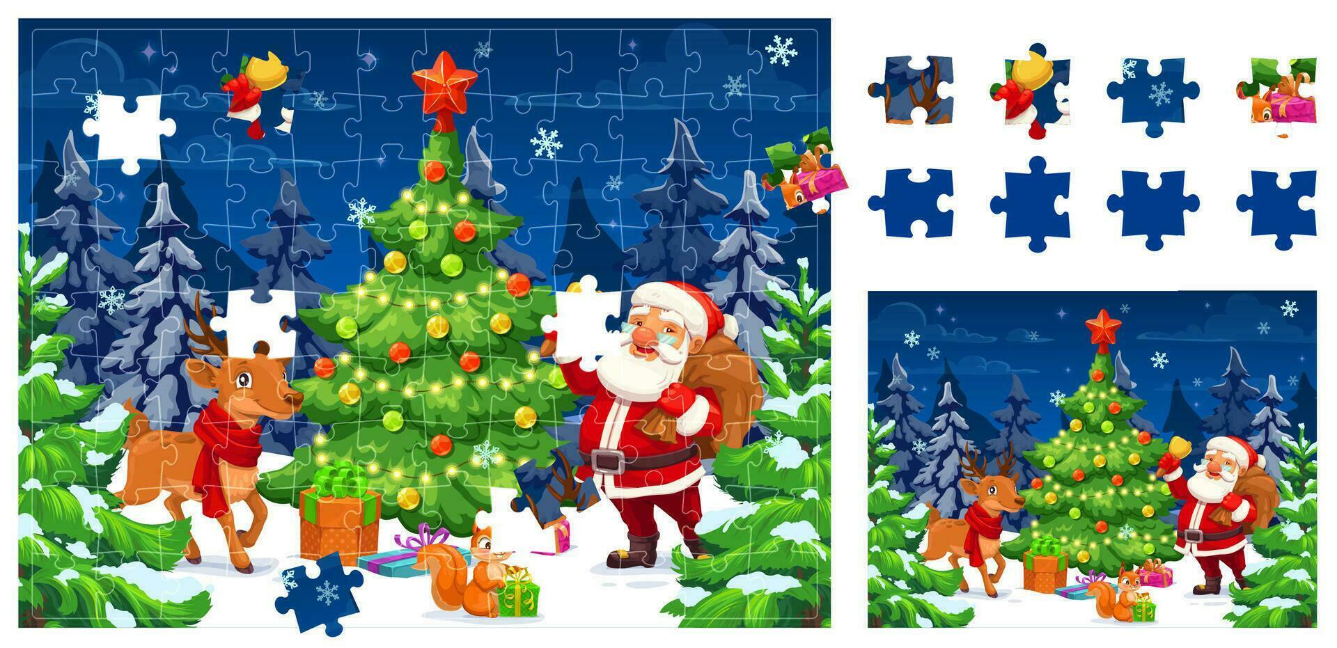 Navidad rompecabezas rompecabezas juego piezas, Papa Noel, regalos vector