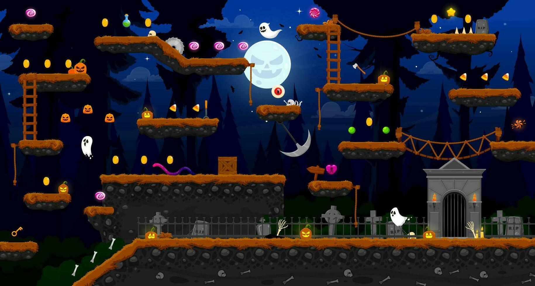 Arcade dark Halloween forest game level map vector
