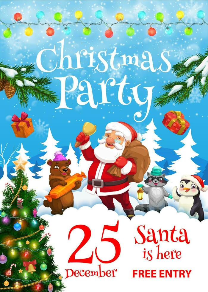 Christmas party flyer. Santa with bell and animals vector
